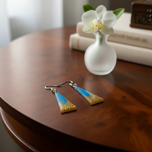 Handmade Blue & Gold Glitter Resin Triangle Earrings | Lightweight Geometric Dangle Earrings