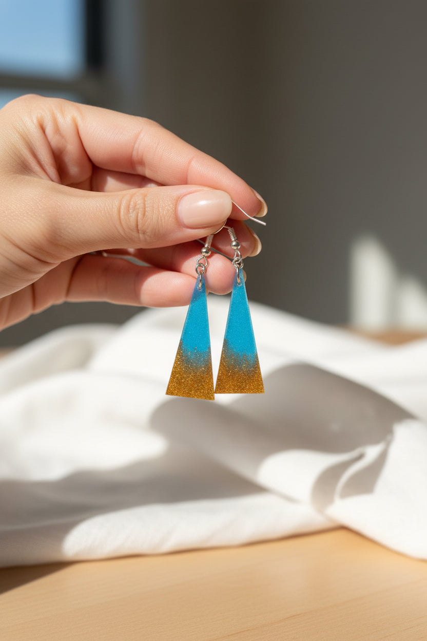 Handmade Blue & Gold Glitter Resin Triangle Earrings | Lightweight Geometric Dangle Earrings