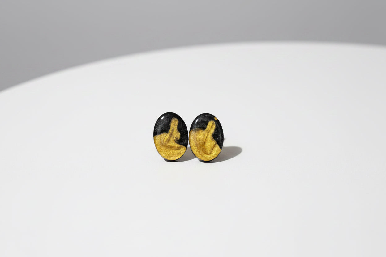Handmade Black & Gold Resin Stud Earrings | Elegant Oval Statement Earrings for Women
