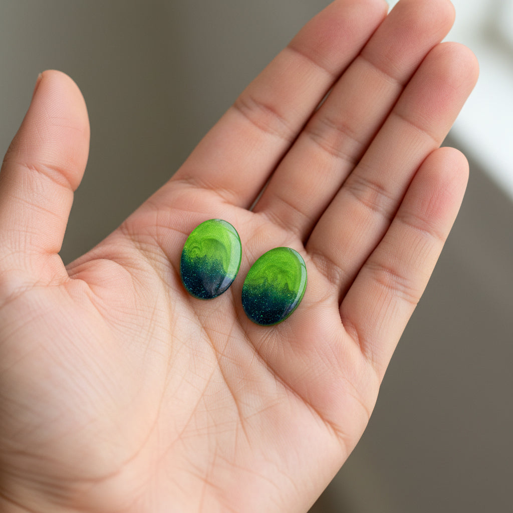 Green Glitter Resin Earrings, Handmade Hypoallergenic Stainless Steel Earrings, Sparkle Statement Jewelry