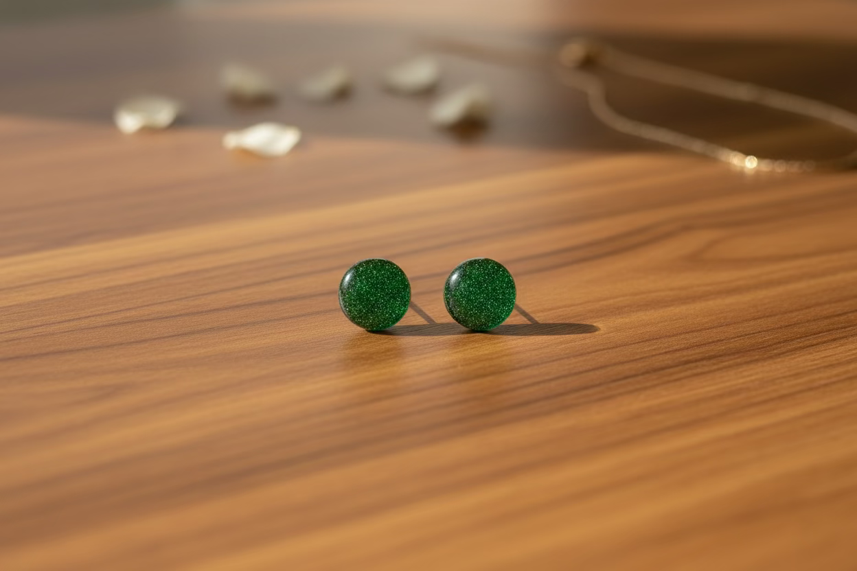 Sparkling Green Stud Earrings - Handmade Resin Jewelry