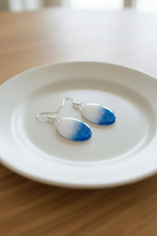 Handmade White and Blue Glitter Resin Dangle Earrings - Lightweight Oval Statement Earrings for Women