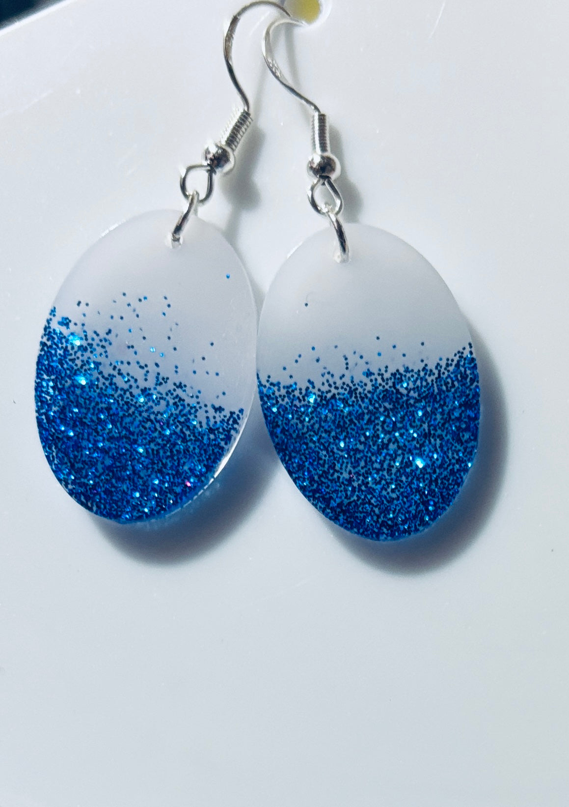 Handmade White and Blue Glitter Resin Dangle Earrings - Lightweight Oval Statement Earrings for Women