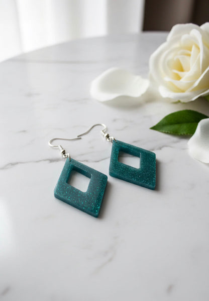 Teal Glitter Geometric Earrings – Handmade Statement Jewelry