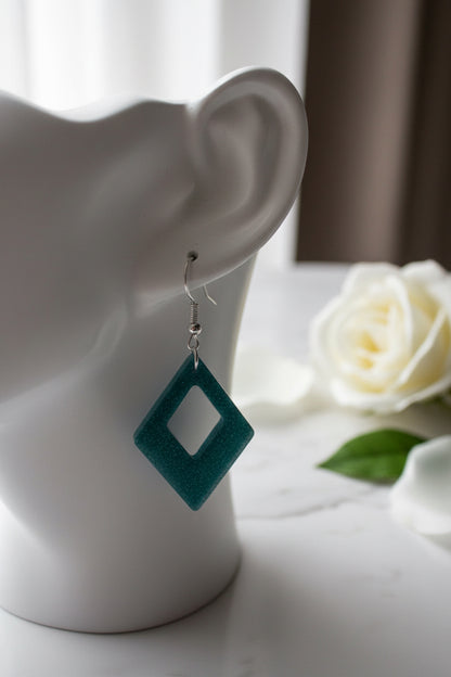 Teal Glitter Geometric Earrings – Handmade Statement Jewelry