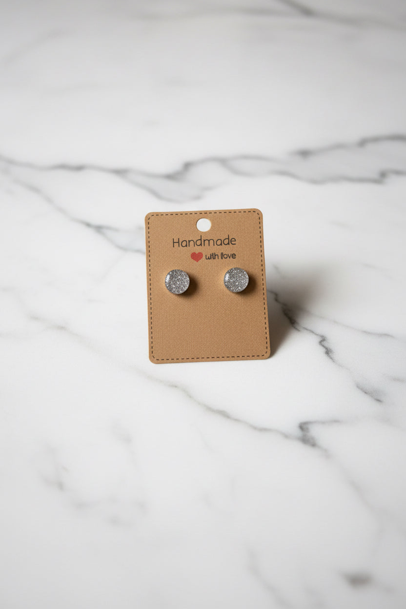 Silver Glitter Round Stud Earrings – Handmade Sparkle Earrings