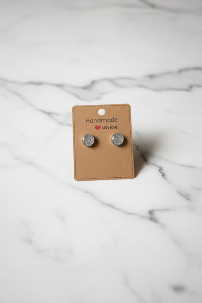 Silver Glitter Round Stud Earrings – Handmade Sparkle Earrings