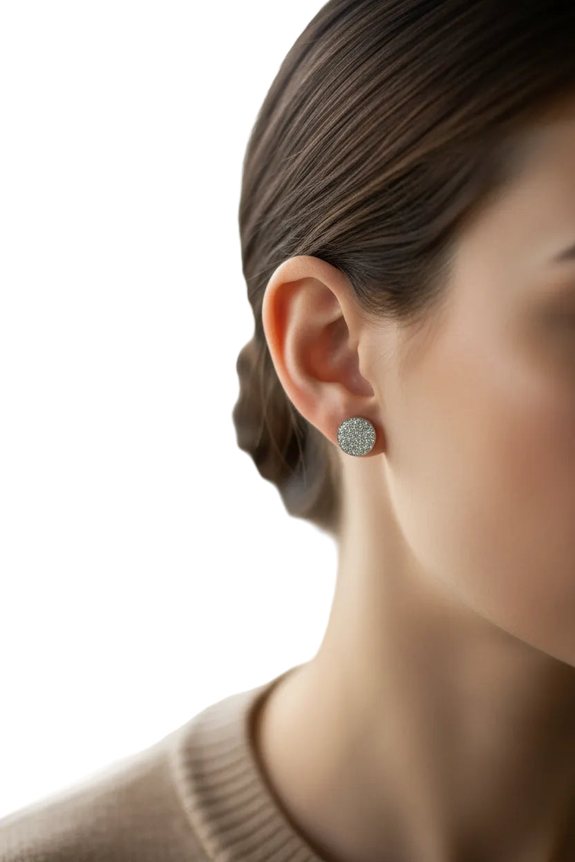 Silver Glitter Round Stud Earrings – Handmade Sparkle Earrings