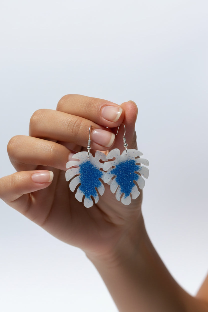 White Leaf Dangle Earrings with Glitter | Elegant Handmade Statement Jewelry