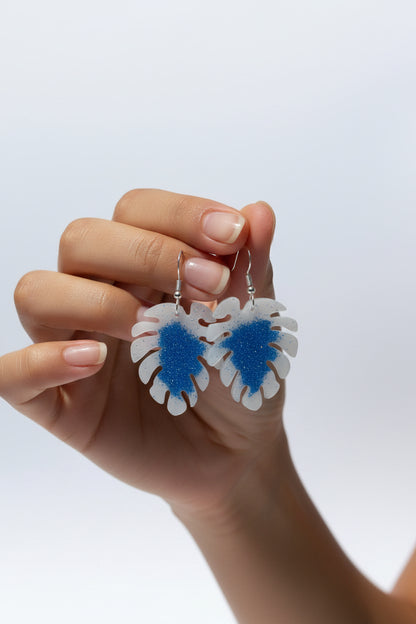 White Leaf Dangle Earrings with Glitter | Elegant Handmade Statement Jewelry