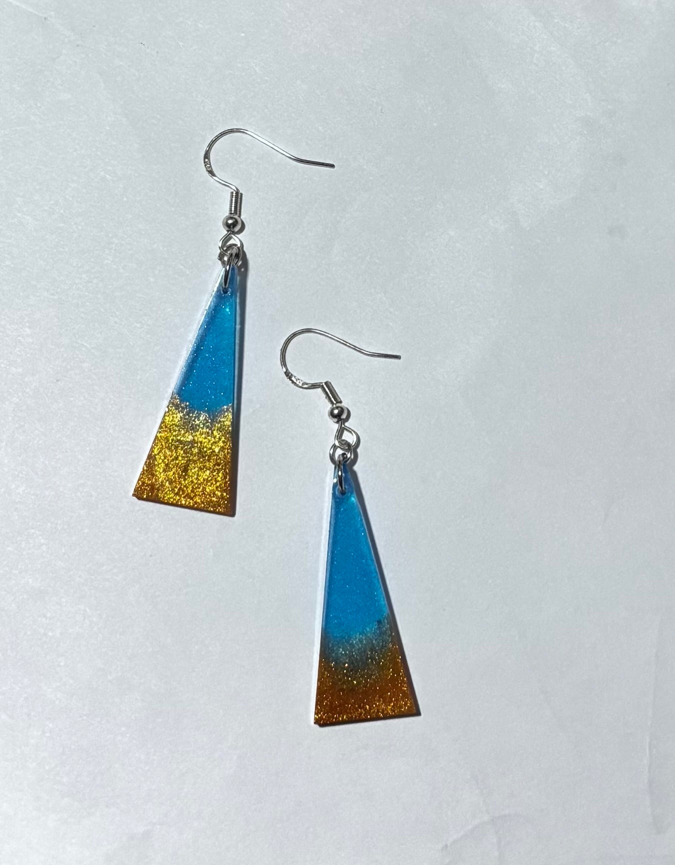 Handmade Blue & Gold Glitter Resin Triangle Earrings | Lightweight Geometric Dangle Earrings