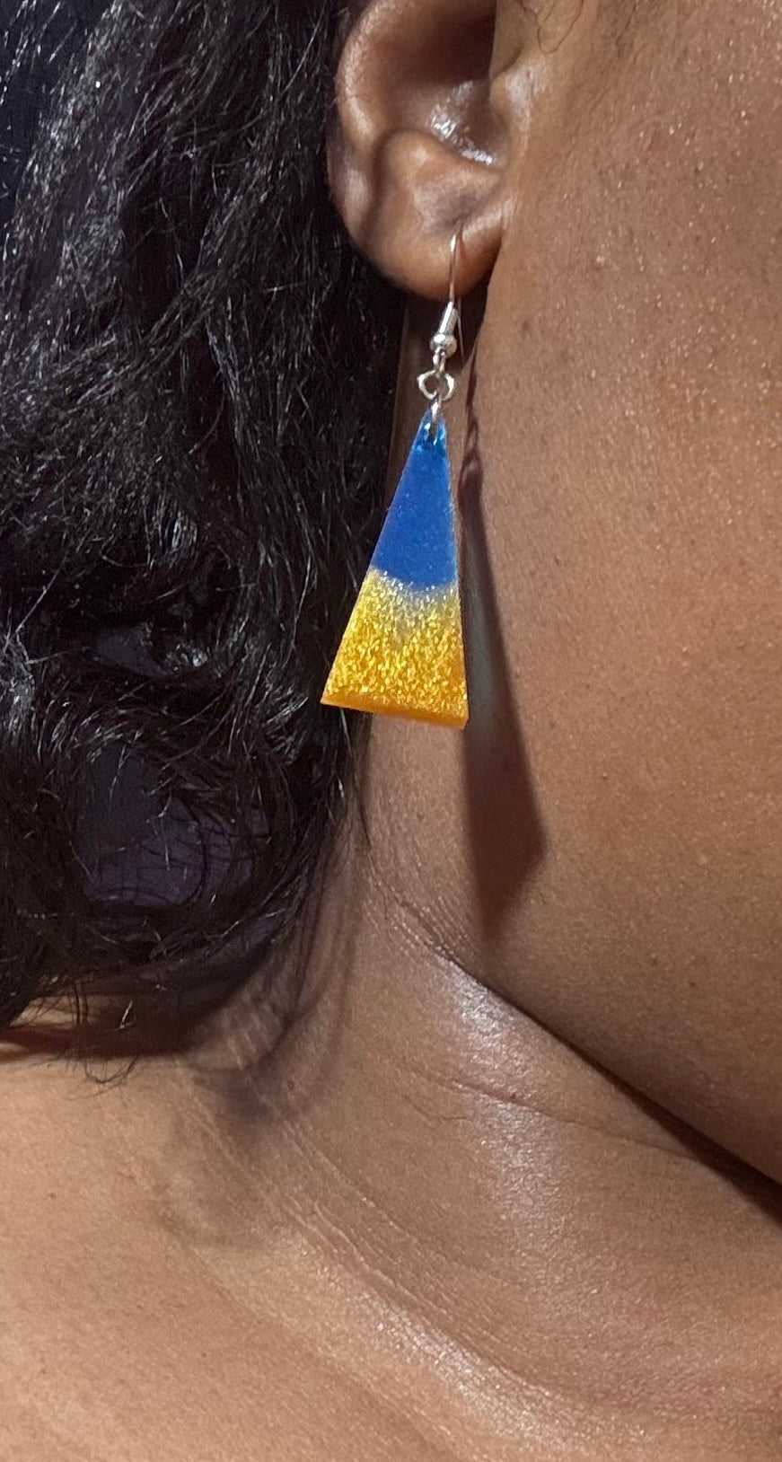 Handmade Blue & Gold Glitter Resin Triangle Earrings | Lightweight Geometric Dangle Earrings