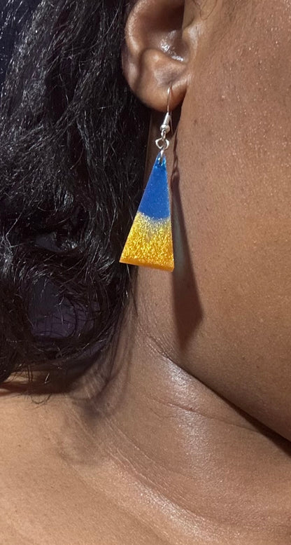 Handmade Blue & Gold Glitter Resin Triangle Earrings | Lightweight Geometric Dangle Earrings