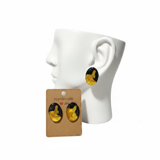 Handmade Black & Gold Resin Stud Earrings | Elegant Oval Statement Earrings for Women