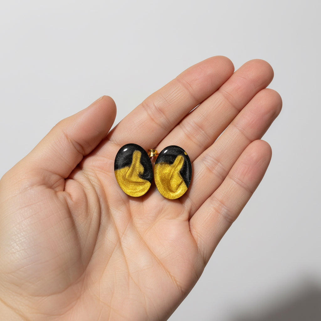 Handmade Black & Gold Resin Stud Earrings | Elegant Oval Statement Earrings for Women