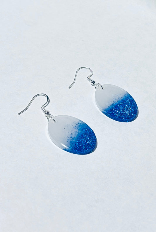 Handmade White and Blue Glitter Resin Dangle Earrings - Lightweight Oval Statement Earrings for Women
