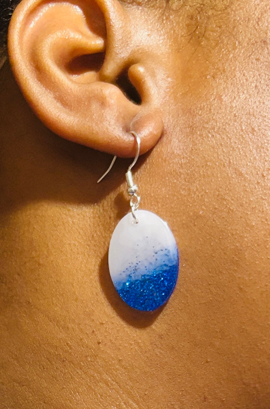 Handmade White and Blue Glitter Resin Dangle Earrings - Lightweight Oval Statement Earrings for Women
