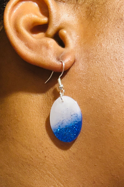 Handmade White and Blue Glitter Resin Dangle Earrings - Lightweight Oval Statement Earrings for Women
