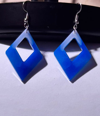 Handmade Blue Ombre Resin Diamond Dangle Earrings | Lightweight Geometric Earrings