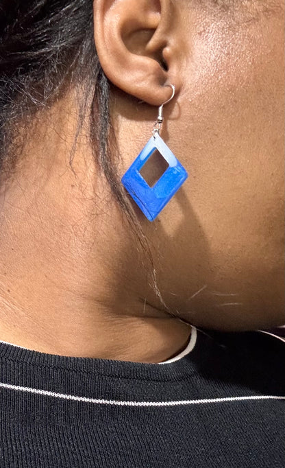 Handmade Blue Ombre Resin Diamond Dangle Earrings | Lightweight Geometric Earrings
